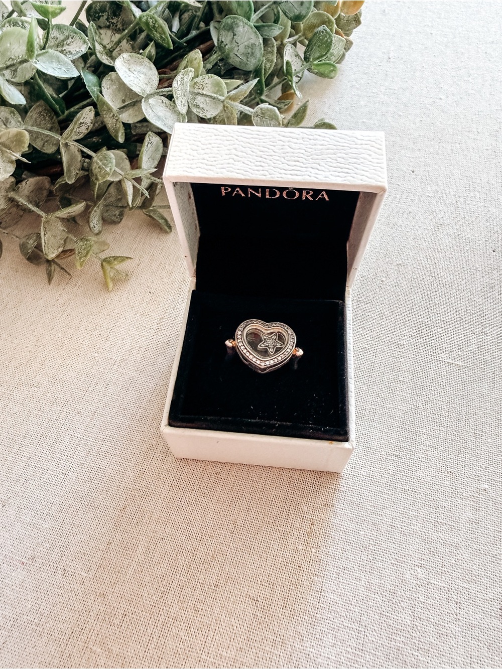Pandora Floating Heart Locket Ring CZ Star Silver Size 7